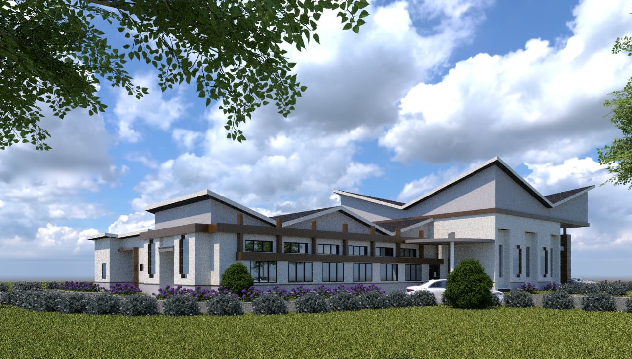 Photorealistic exterior rendering of the completed Ultramodern Kitchen and Refectory Building
