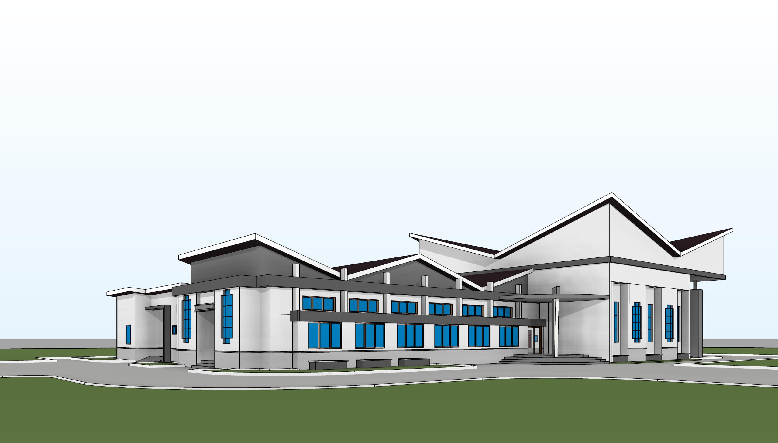 3D architectural model — front-right angle